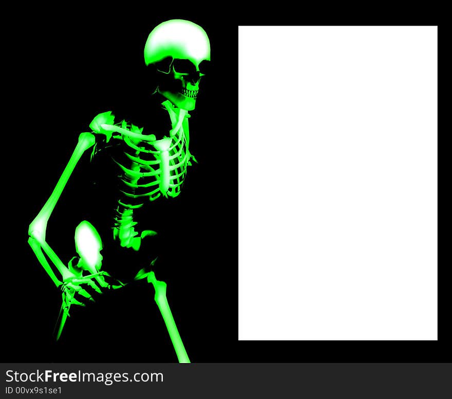 An x ray image of a Skelton in a pose a suitable image for medical or Halloween based concepts. It also contains a blank white area which you can fill with your own text or images. An x ray image of a Skelton in a pose a suitable image for medical or Halloween based concepts. It also contains a blank white area which you can fill with your own text or images.