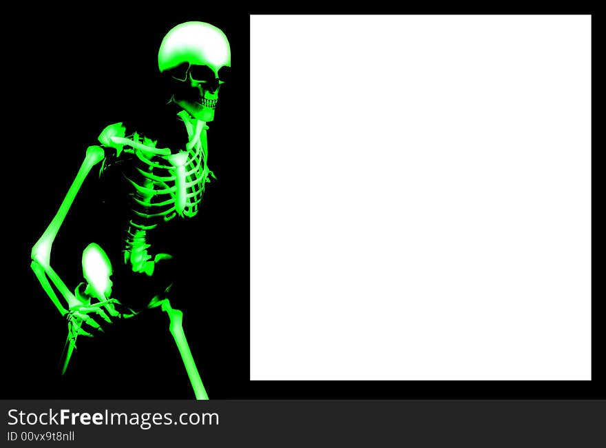 An x ray image of a Skelton in a pose a suitable image for medical or Halloween based concepts. It also contains a blank white area which you can fill with your own text or images. An x ray image of a Skelton in a pose a suitable image for medical or Halloween based concepts. It also contains a blank white area which you can fill with your own text or images.