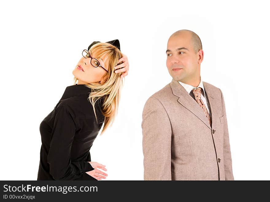 Businesswoman and businessman partners on white background