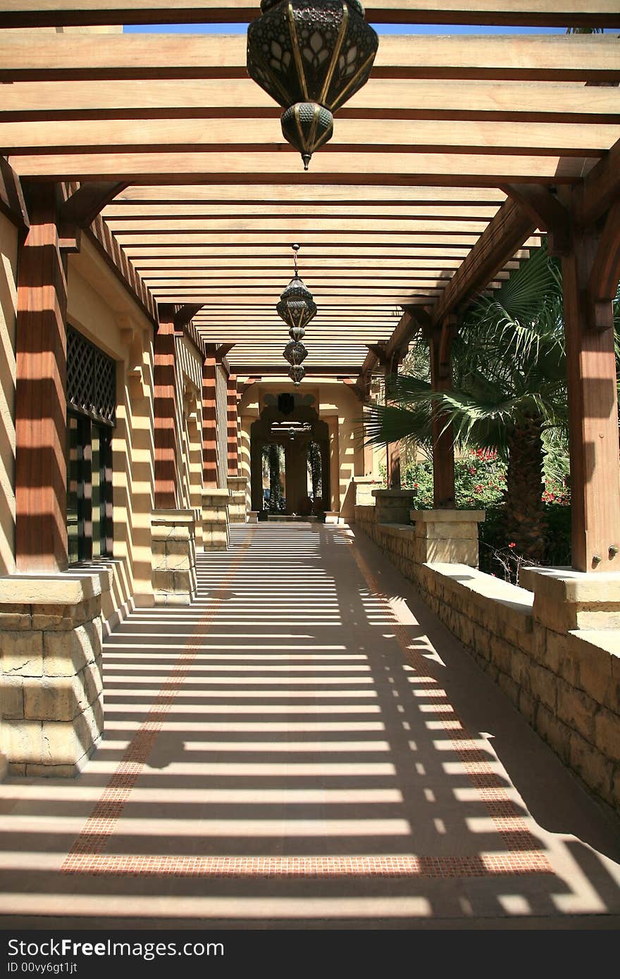 Wood Corridor With Arabian Bronze Lamp