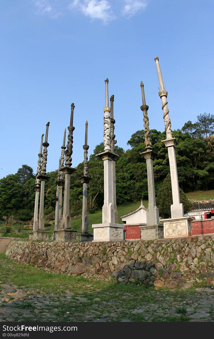 A group of chinese ancient poles which are represented the glory of the family. A group of chinese ancient poles which are represented the glory of the family