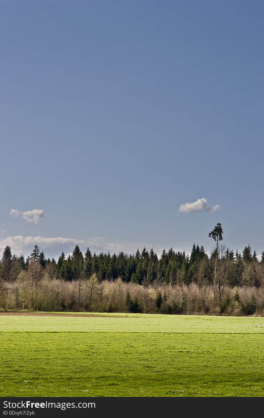 The storm is over: cloudy blue sky on green field. The storm is over: cloudy blue sky on green field