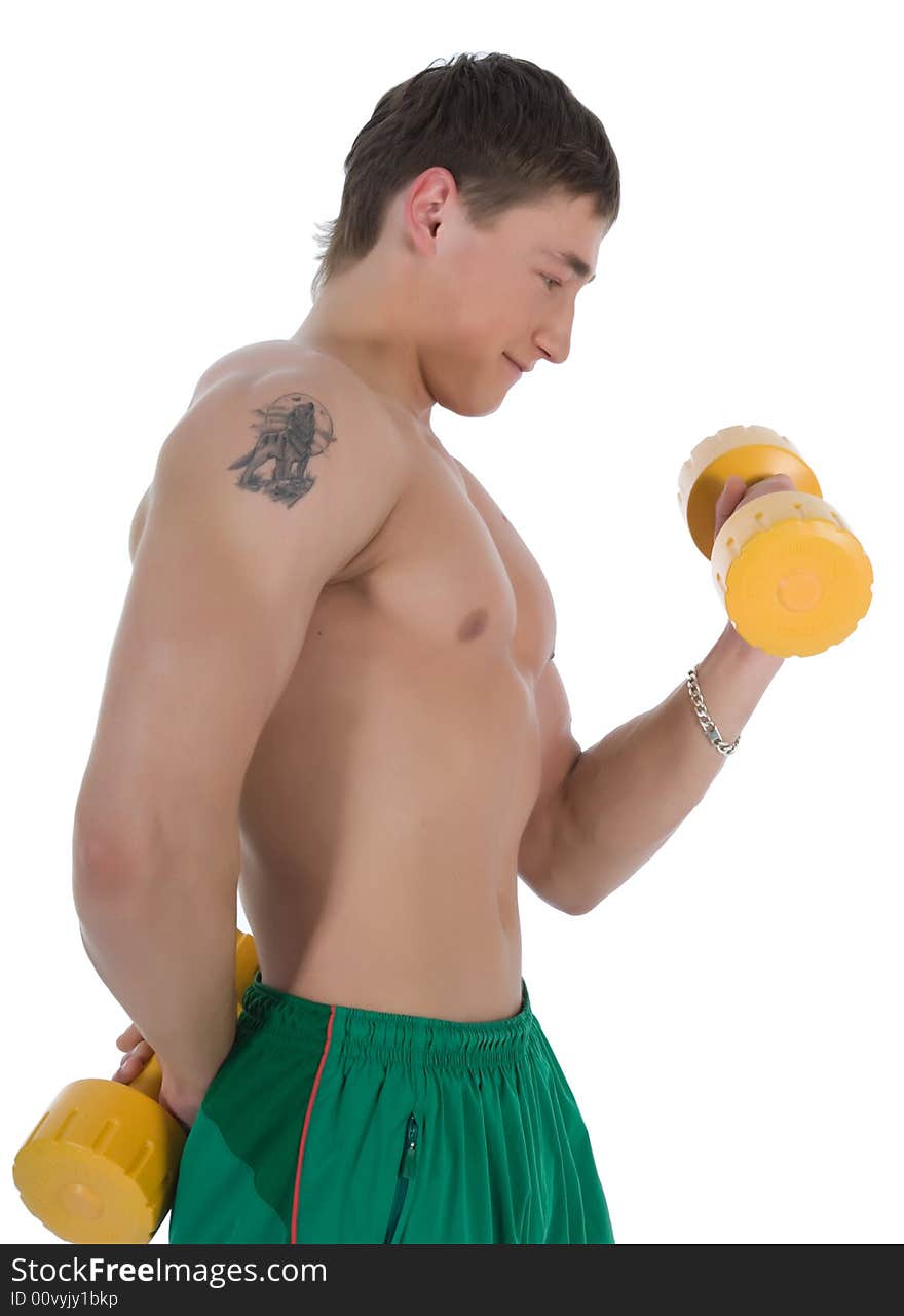 Man practicing fitness  on  white  background