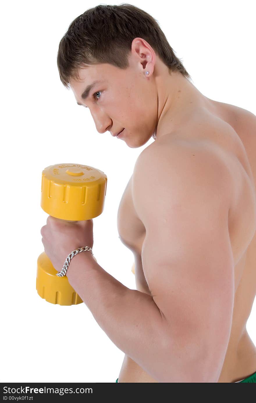 Man practicing fitness on white background