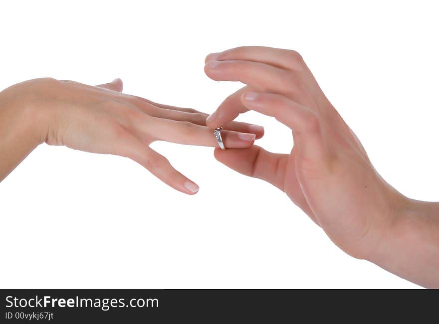 Man s and female hands with a wedding ring