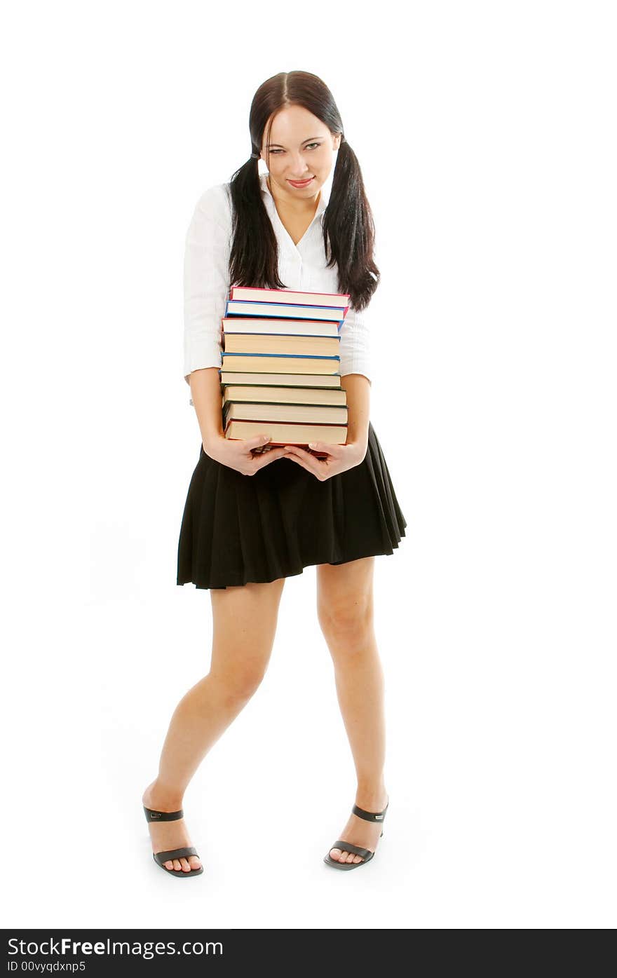 Student woman with books on white background