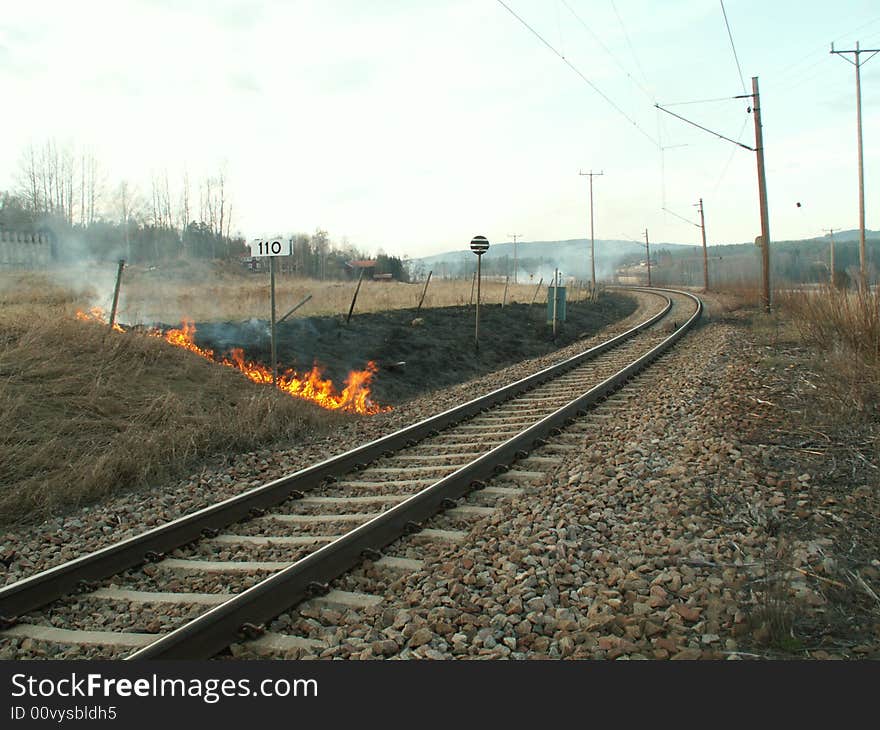 The train in Sweden makes the grass burn. The train in Sweden makes the grass burn.