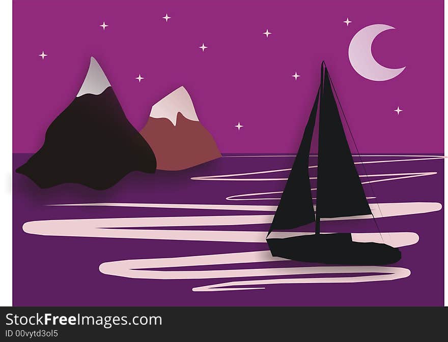 Illustration of boat,moon & montains. Illustration of boat,moon & montains