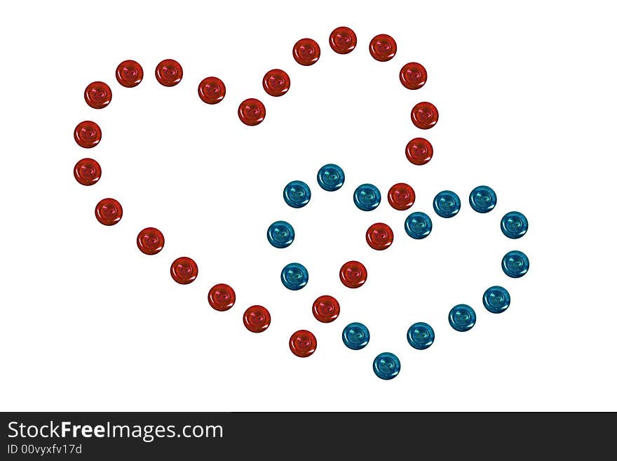 Red and blue hearts made up from buttons. Red and blue hearts made up from buttons