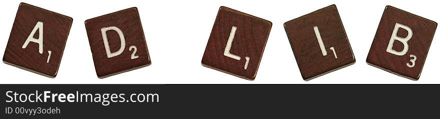 Isolated photo of scrabble letters saying AD LIB