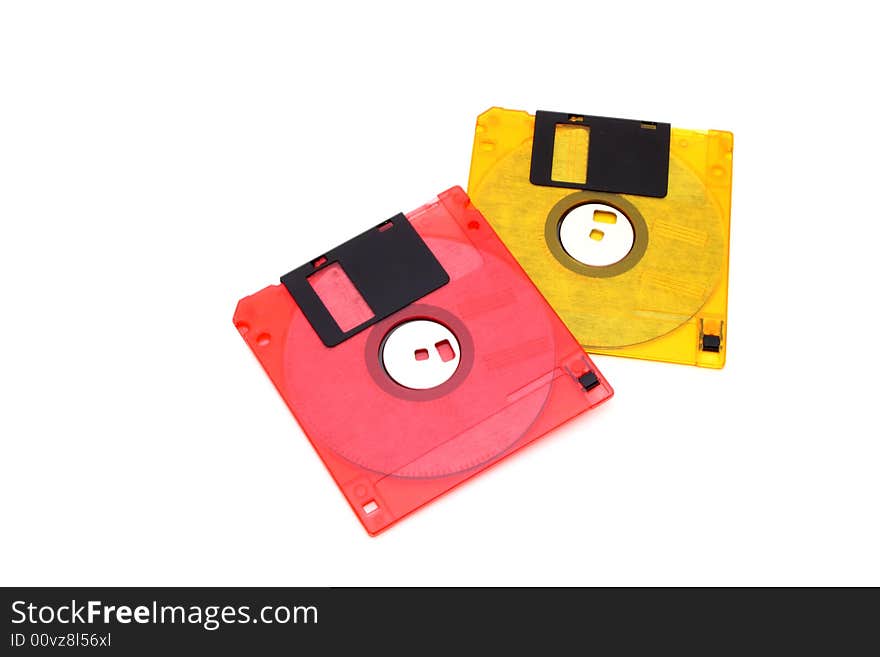 Pair of floppy disks over a white surface