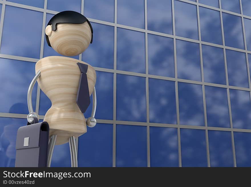 Businessman with briefcase stands next to skyscraper