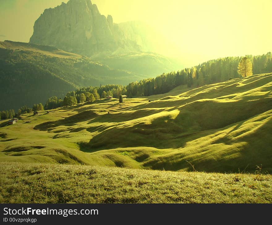 A dream shot of the landscape in front of Sassolungo. A dream shot of the landscape in front of Sassolungo