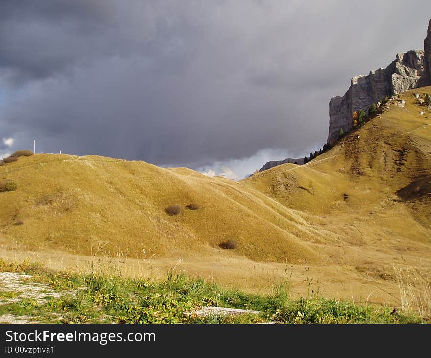 A beautifull landscape of the Passo Gardena in Sud Tyrol before a storm. A beautifull landscape of the Passo Gardena in Sud Tyrol before a storm.