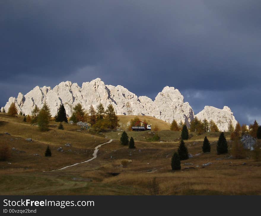 A wonderfull view of the Cir mountain in passo Gardena before a storm. A wonderfull view of the Cir mountain in passo Gardena before a storm