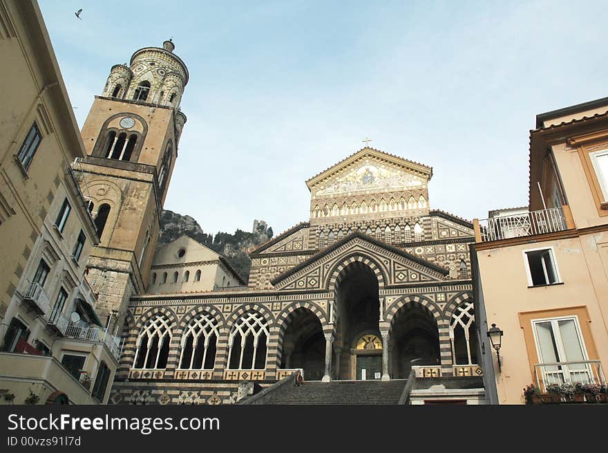 Facade of Saint Andrews cathedral or Cattedrale di S.Andrea in Amalfi covered with Byzantine mosaics, Amalfi, Amalfi coast, Unesco world heritage,Italy. Facade of Saint Andrews cathedral or Cattedrale di S.Andrea in Amalfi covered with Byzantine mosaics, Amalfi, Amalfi coast, Unesco world heritage,Italy