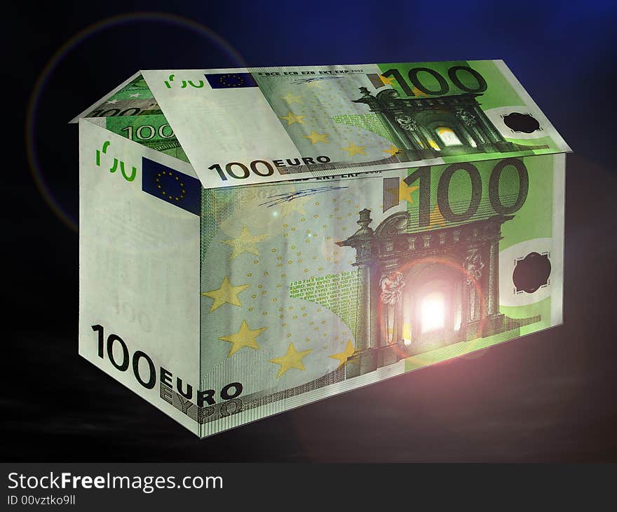 Conceptual: a house from one hundred Euro bill. Conceptual: a house from one hundred Euro bill