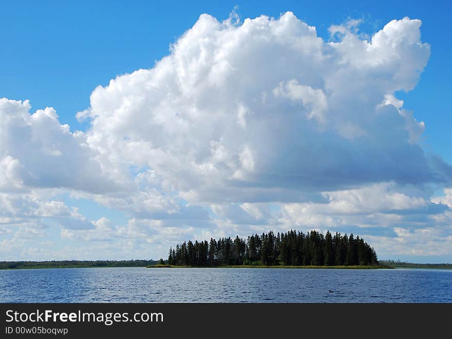 An island at the center on a lake