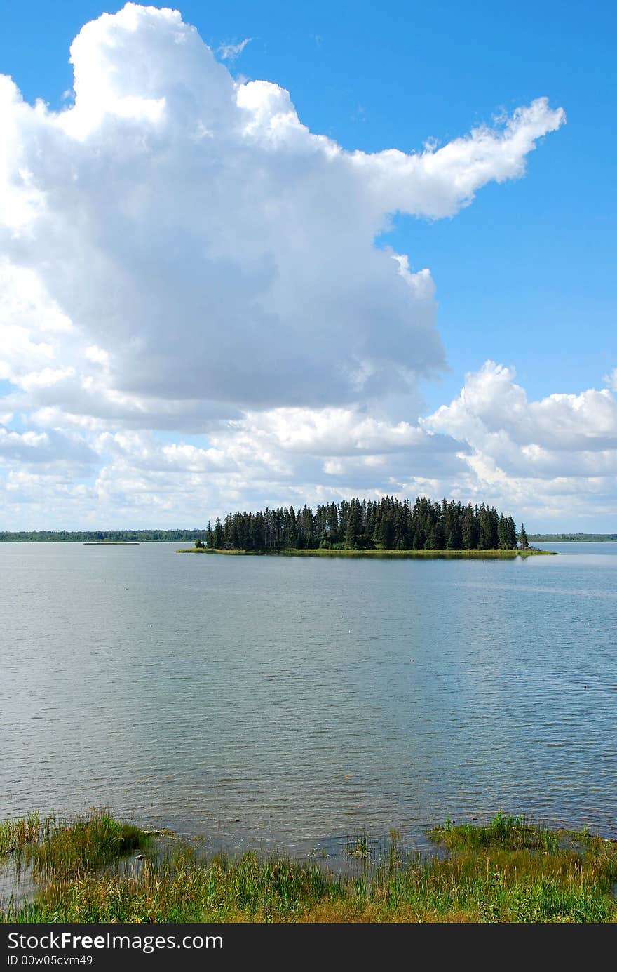 An island at the center on a lake