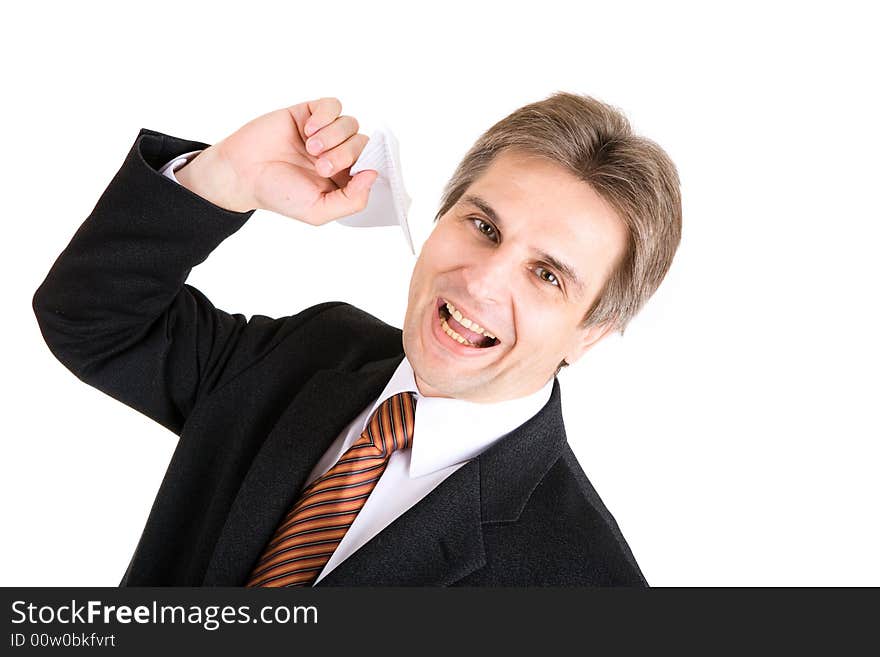 Businessman with toy airplane in hand. Businessman with toy airplane in hand