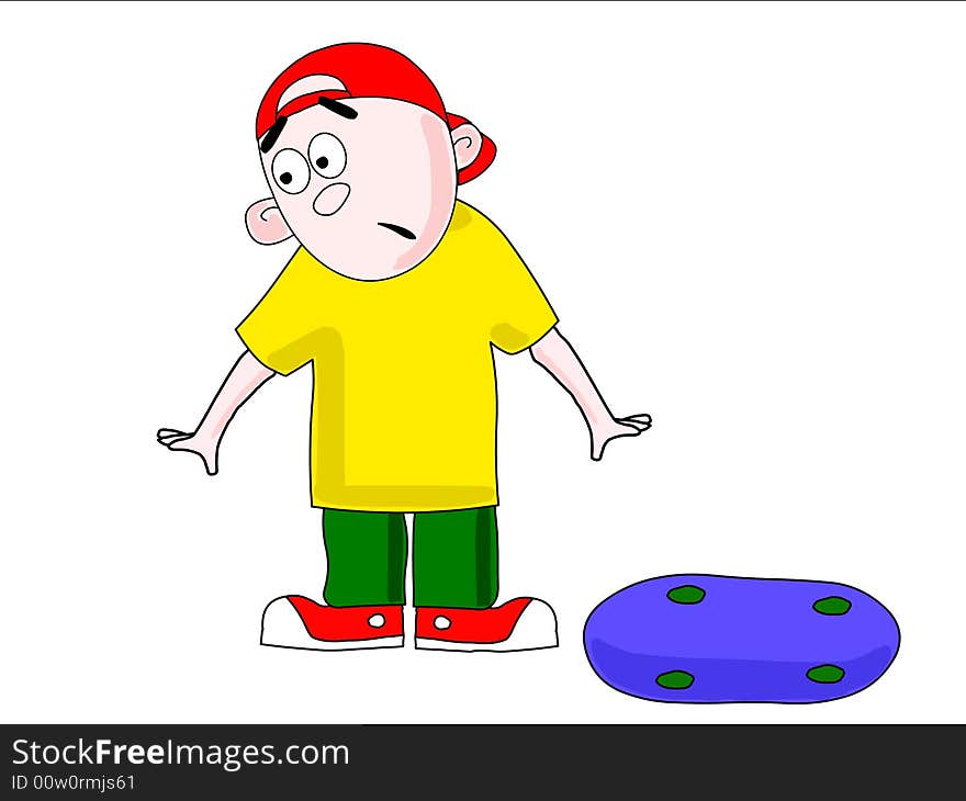 The surprised boy in a yellow T-short on a white background, and a skateboard. The surprised boy in a yellow T-short on a white background, and a skateboard