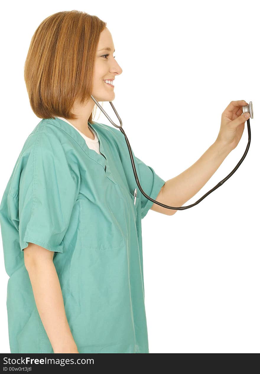 Medical staff in nurse uniform holding stethoscope and getting ready to check somebody. Medical staff in nurse uniform holding stethoscope and getting ready to check somebody