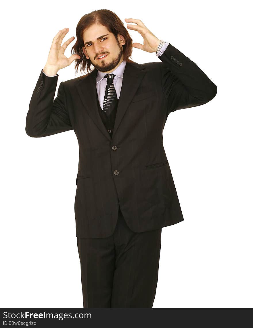 Isolated in white. young man in business suit showing stress expression. Isolated in white. young man in business suit showing stress expression