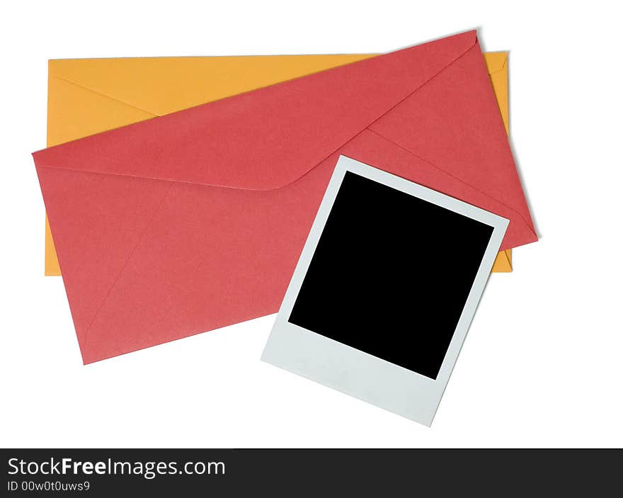 Blank instant photo and two envelopes isolated on a white background