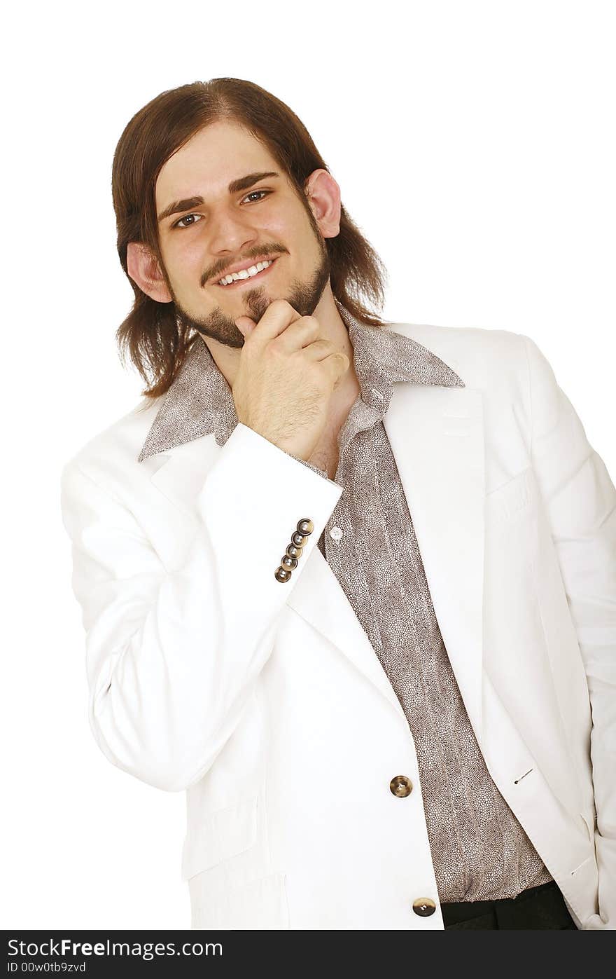 Happy young man in white casual coat holding his beard. Happy young man in white casual coat holding his beard