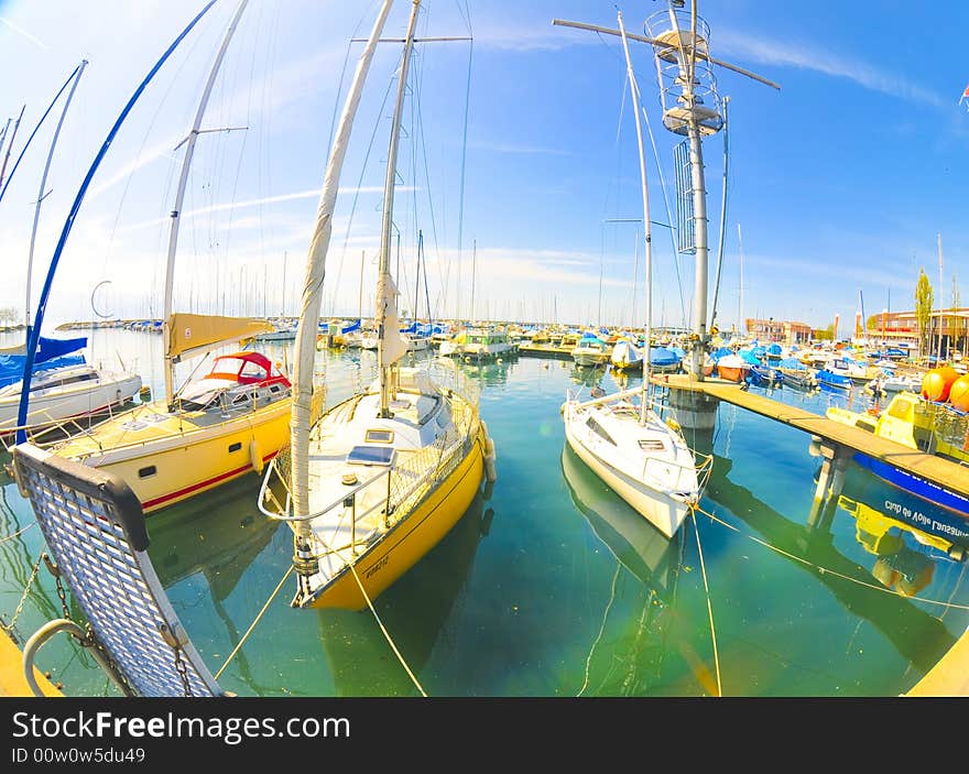 Fisheye panorama of the yacht port. Fisheye panorama of the yacht port