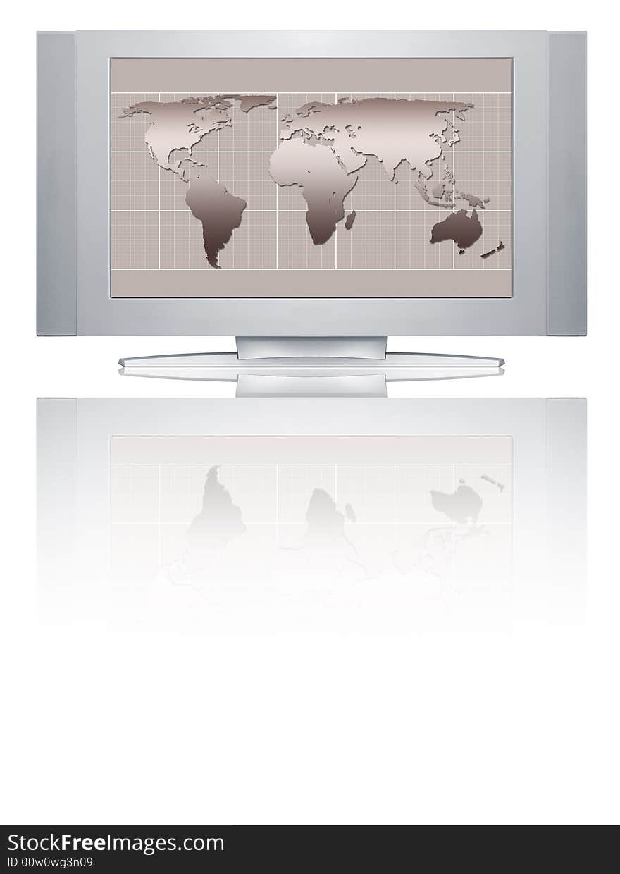 Map of world on television screen. Map of world on television screen