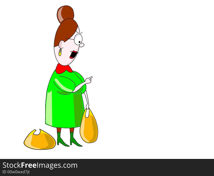 The strict woman-teacher in glasses with two bags, dressed in a green dress.