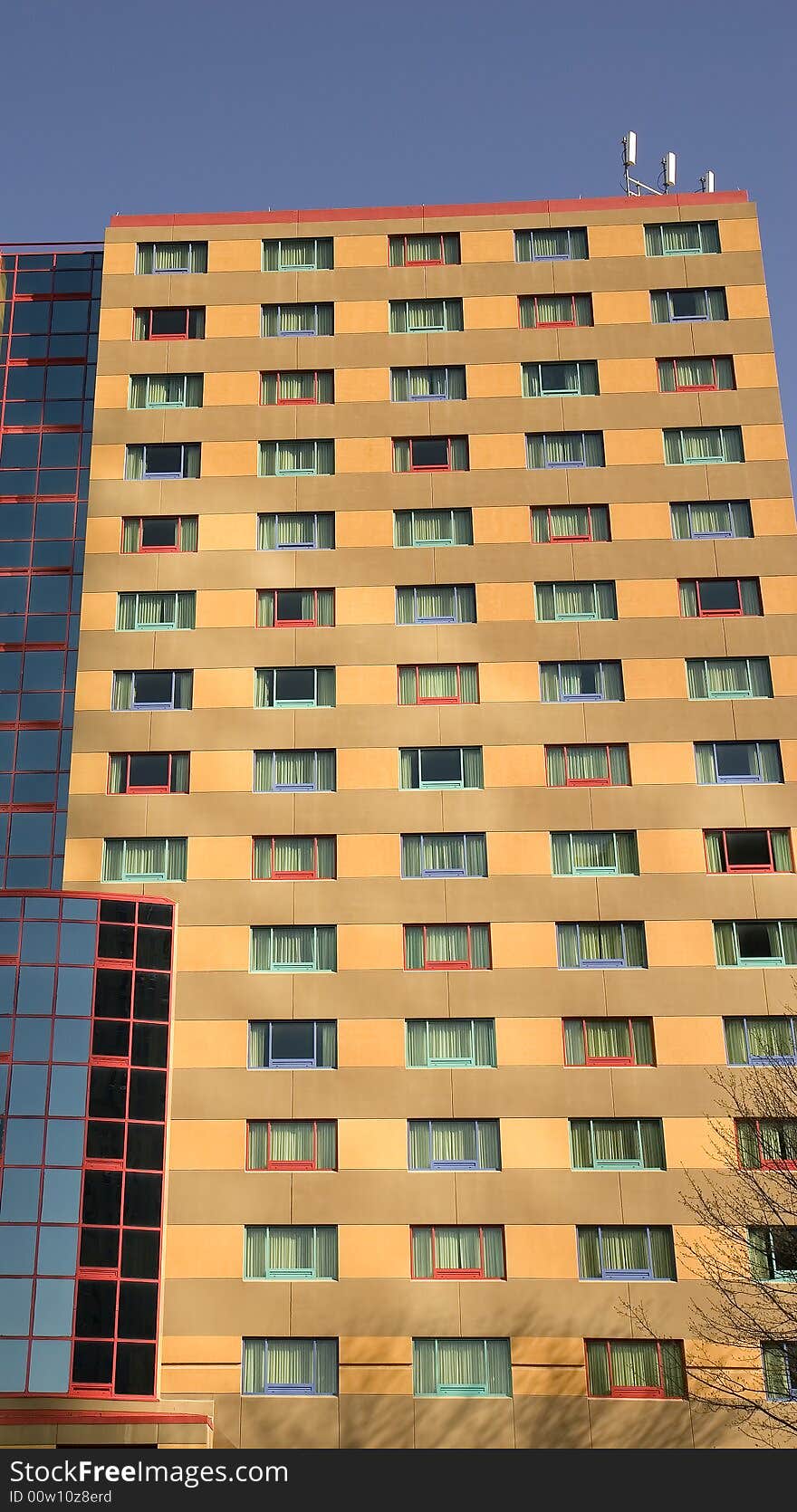 A colorful hotel with many colored windows. A colorful hotel with many colored windows