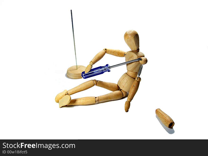 Dummy of drawing who have fell down of his support and repairs his arm