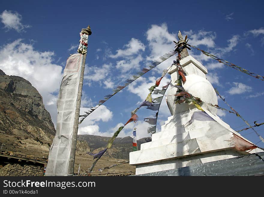 Buddhist monastery and flags, annapurna, nepal. Buddhist monastery and flags, annapurna, nepal