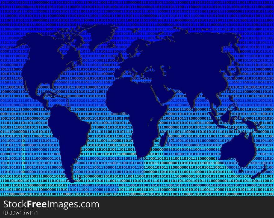 Map of the world with binary code number backdrop. Map of the world with binary code number backdrop