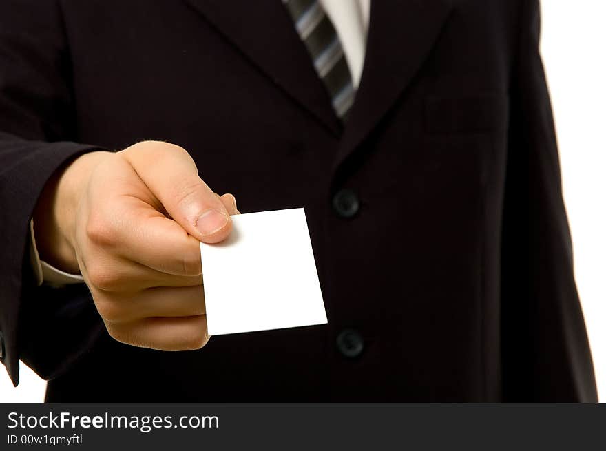 Businessman is giving you a blank business card.