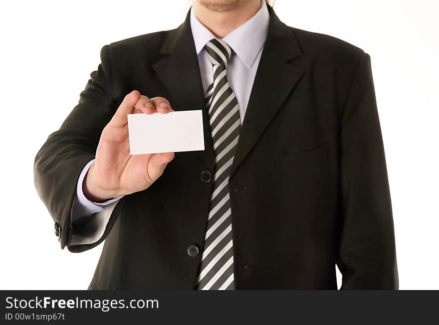 Businessman holding blank business card isolated on white background