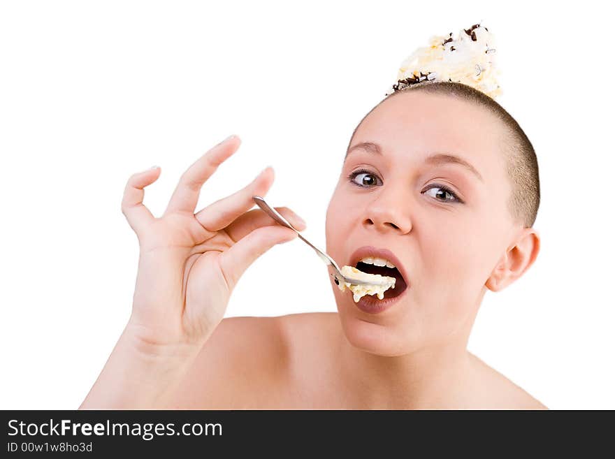 Young good looking woman with a ice cream on her head. Young good looking woman with a ice cream on her head