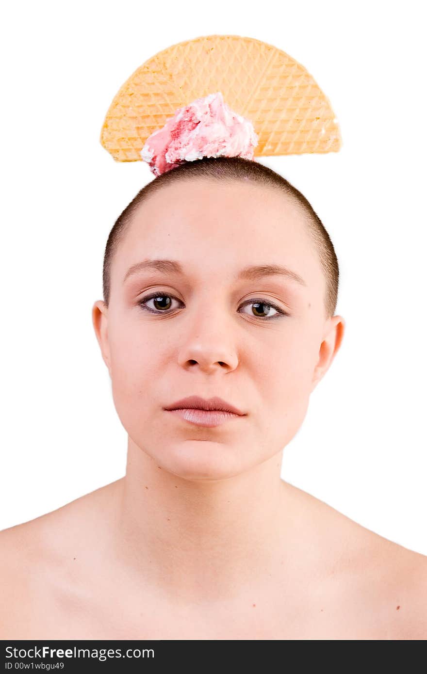 Young good looking woman with a ice cream on her head. Young good looking woman with a ice cream on her head