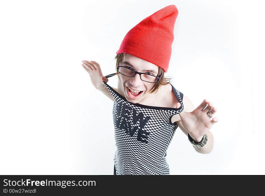 Emotional teenager in red hat screaming, isolated on white background