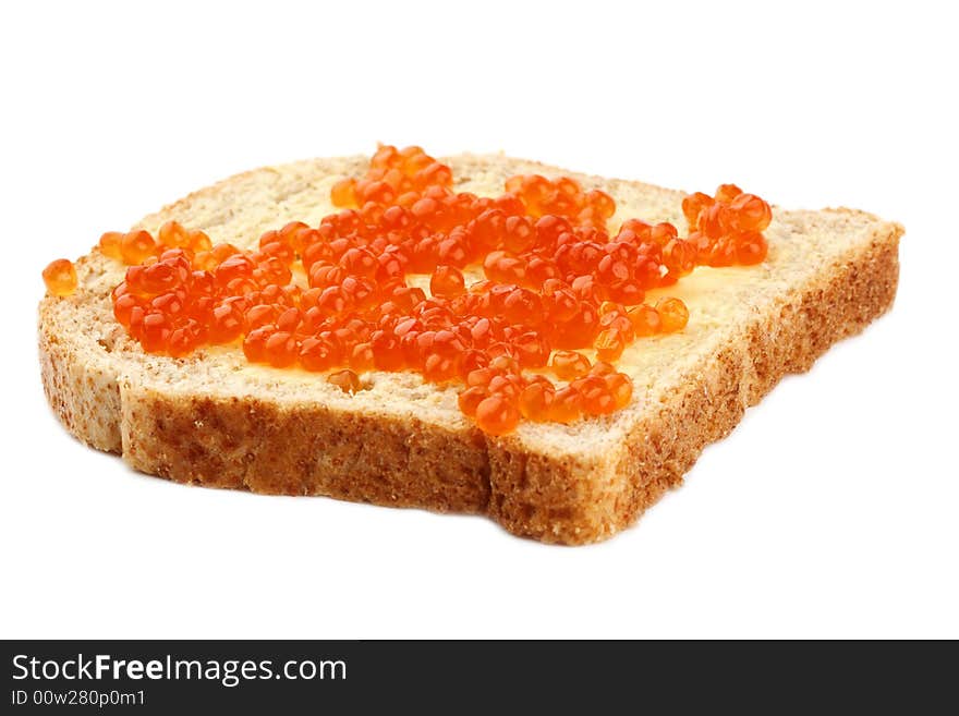 Sandwich red caviar on Brown Sliced Bread with butter over white