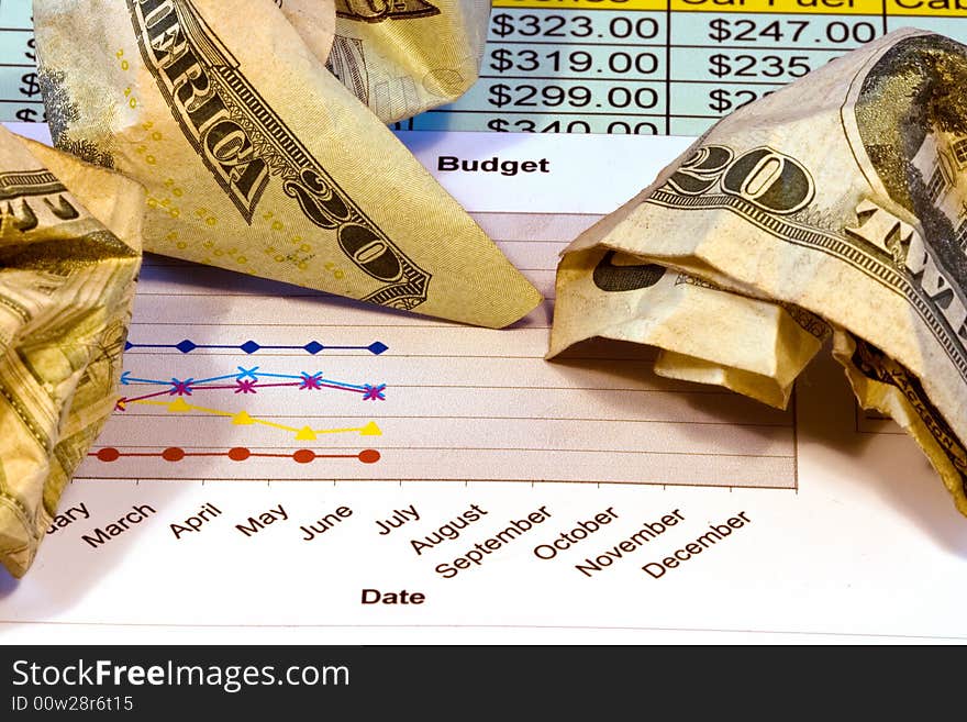 Close up of crumpled american twenty dollar bills along with chart showing budget. Close up of crumpled american twenty dollar bills along with chart showing budget