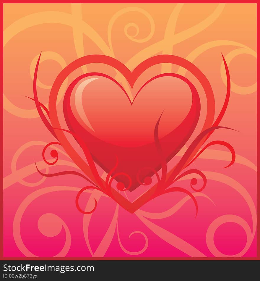 Red  heart with floral ornament on the floral patterned pink  background. Red  heart with floral ornament on the floral patterned pink  background