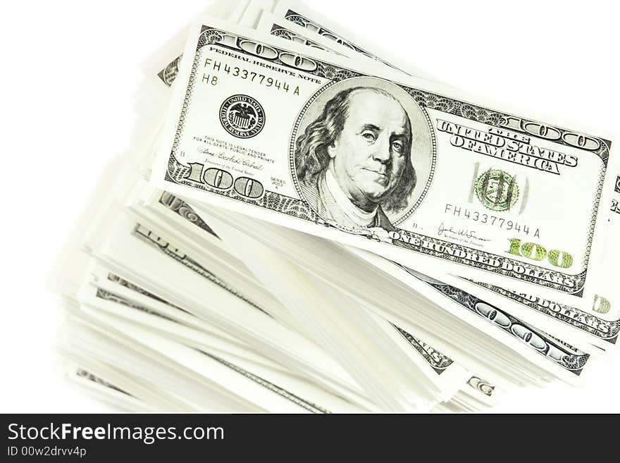 Stack of $100 bills in US currency on white background. Stack of $100 bills in US currency on white background