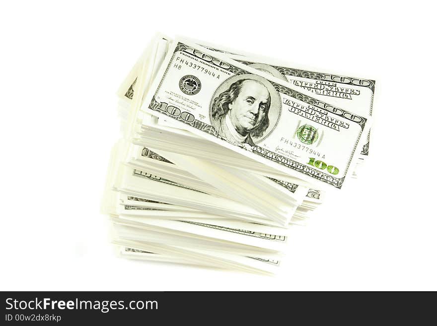 Stack of $100 bills in US currency on white background. Stack of $100 bills in US currency on white background