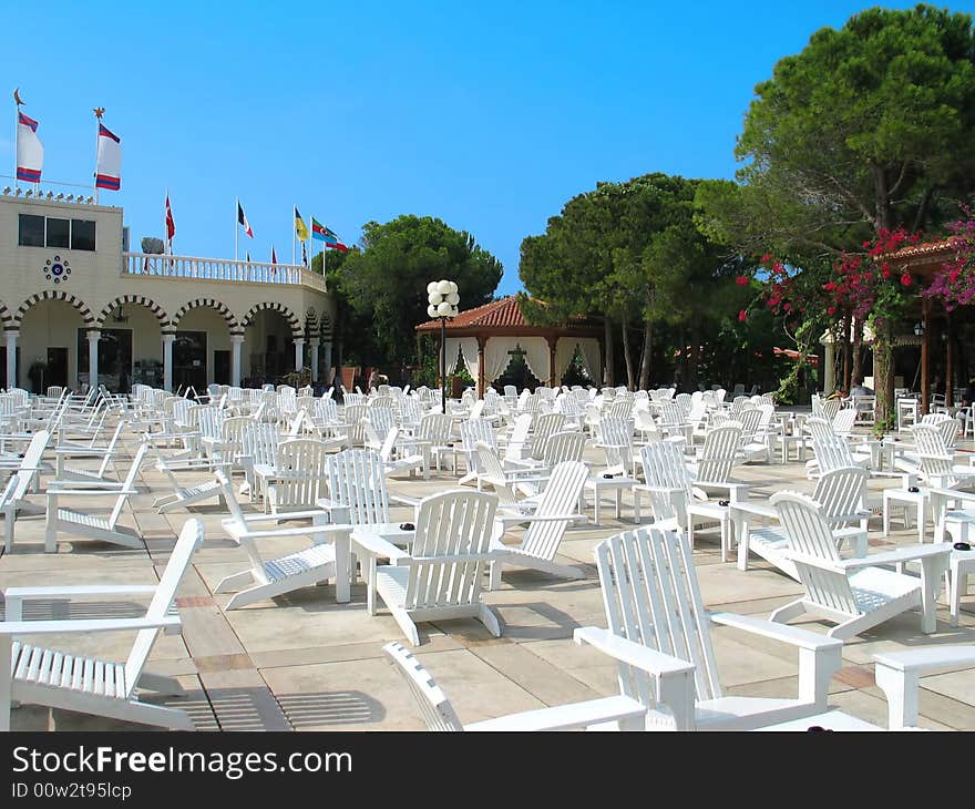 A lot of chaise-longues on the Turkish beach