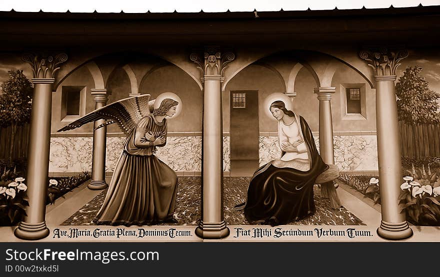 Religious Mural On Wall In Sepia