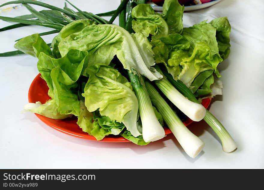 Spring onion and lettuce leaves on red plate over white. Spring onion and lettuce leaves on red plate over white