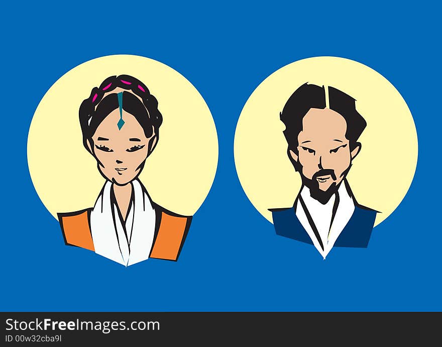 Portrait of tibetan couple - cartoons style. Portrait of tibetan couple - cartoons style